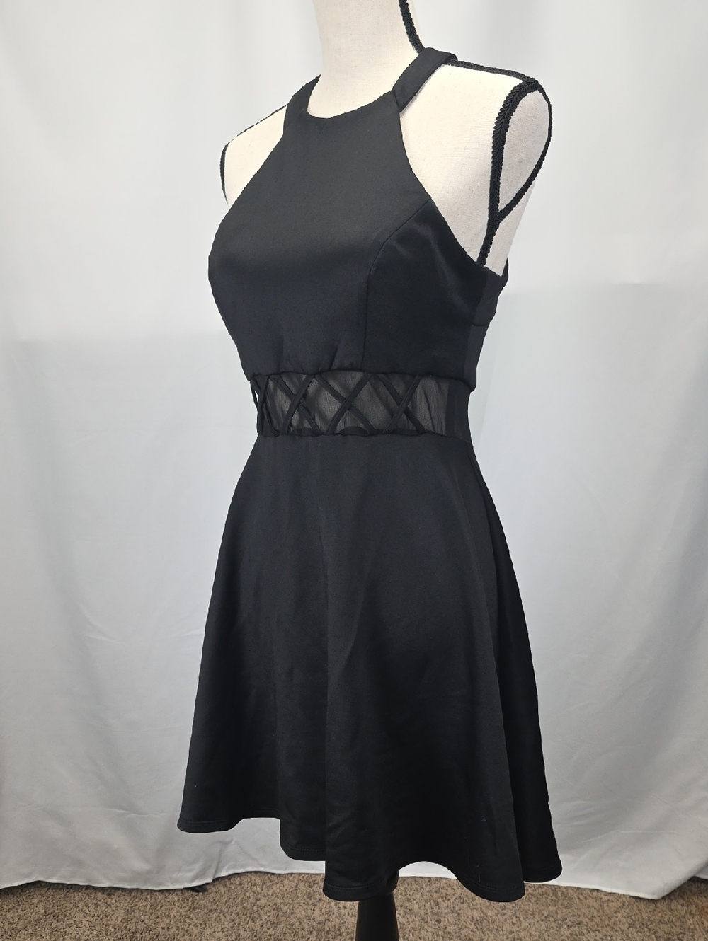 My Michelle Black Sleeveless Fit & Flare Dress with Lattice Mesh Waist Size 9